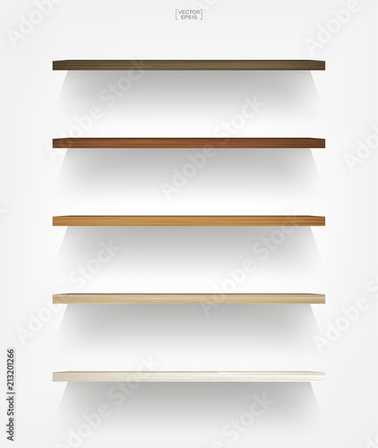Empty wood shelf on white background with soft shadow. 3D empty wooden shelves on white wall. Vector.