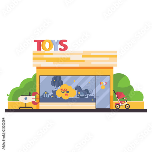 Isolated on white store front with kids toys shop. Vending rocket in front, greenery, child trike