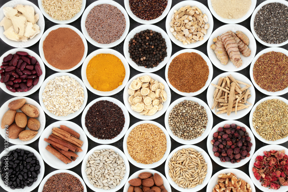 Beneficial heart health food with dried ingredients including herbs and spice used in natural alternative chinese and ayurveda herbal medicine. Beneficial heart health food with dried ingredients including herbs and spice used in natural alternative chinese and ayurveda herbal medicine.