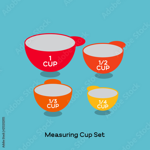 MEASURING CUP SET Colorful measuring cup set, a kitchen utensil, red,  orange and yellow measuring cups in various size on blue background. Stock  Vector