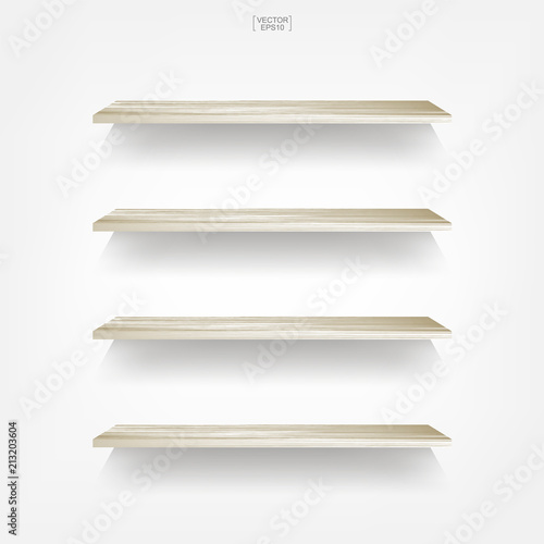 Empty wood shelf on white background with soft shadow. 3D empty wooden shelves on white wall. Vector.