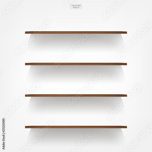 Empty wood shelf on white background with soft shadow. 3D empty wooden shelves on white wall. Vector.