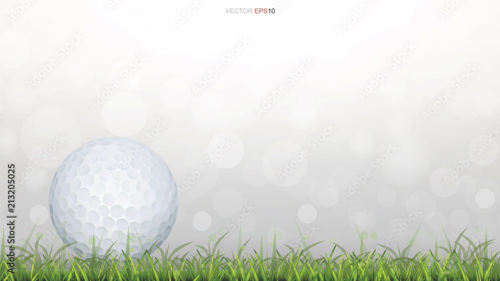 Fototapeta Golf ball on green grass field with light blurred bokeh background. Vector.