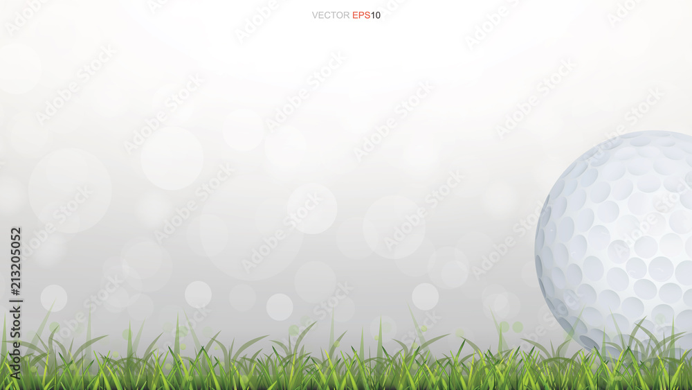 Fototapeta Golf ball on green grass field with light blurred bokeh background. Vector.
