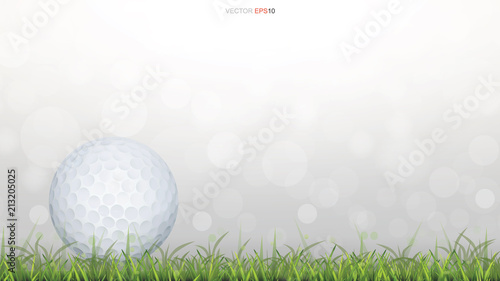 Golf ball on green grass field with light blurred bokeh background. Vector.