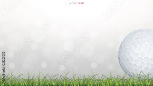 Golf ball on green grass field with light blurred bokeh background. Vector.