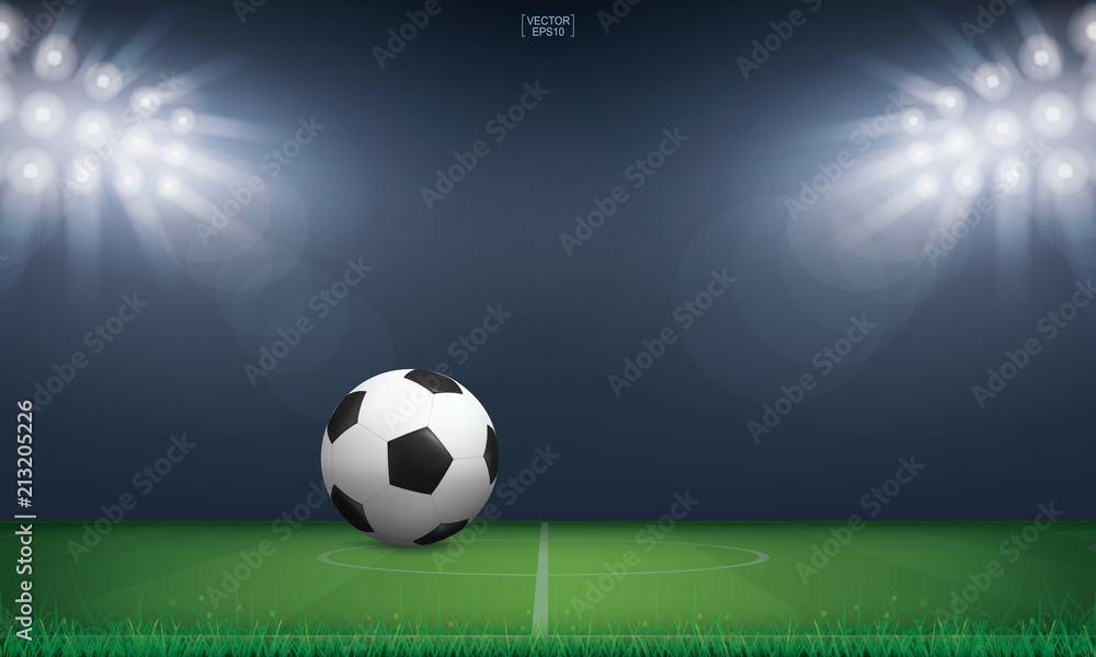 Soccer football ball on green grass of soccer field or football field stadium background. Vector.