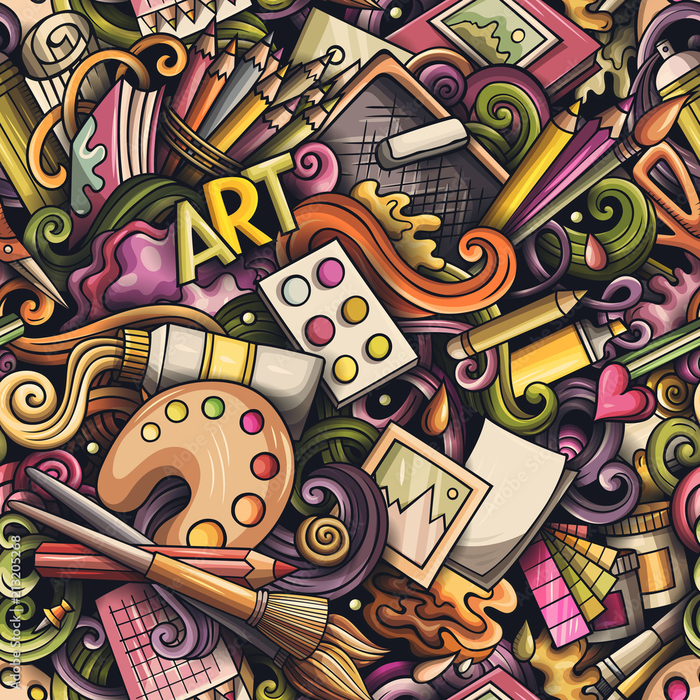 Obraz premium Cartoon cute doodles hand drawn Artist seamless pattern