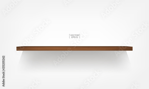 Empty wood shelf on white background with soft shadow. 3D empty wooden shelves on white wall. Vector.