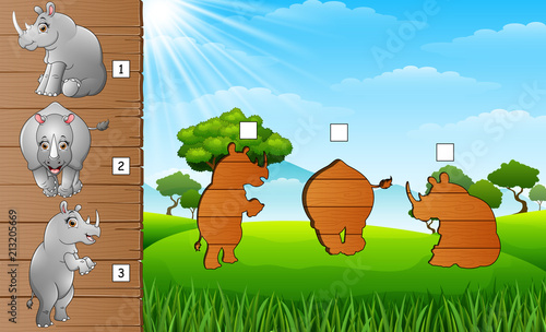 Cartoon funny rhino collection set. Find the correct shadow on board. Educational game for children