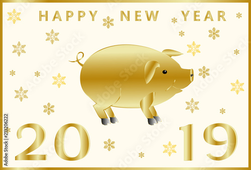 Greeting card with a cute piggy, gold inscription Happy New Year 2019 and golden snowflakes of different shapes and sizes. 2019 New Year's banner. Vector illustration.