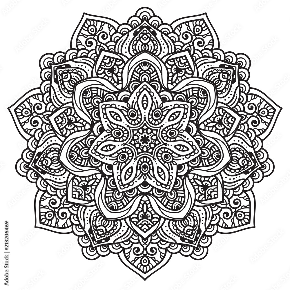 Black and white mandala vector isolated on white. Vector hand drawn circular decorative element. Black and white mandala vector isolated on white. Vector hand drawn circular decorative element.