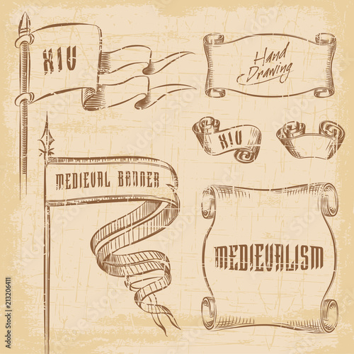 Hand drawing old ribbons and flags set banners. Sketch style vector illustration