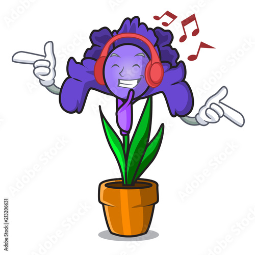 Listening music iris flower mascot cartoon photo