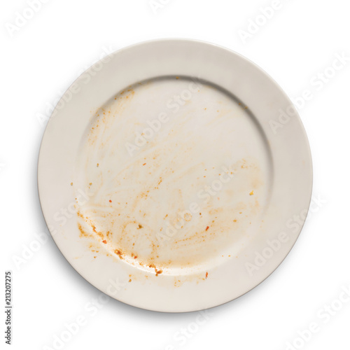 Top view of empty plate, dirty after the meal is finished isolate with clipping path.