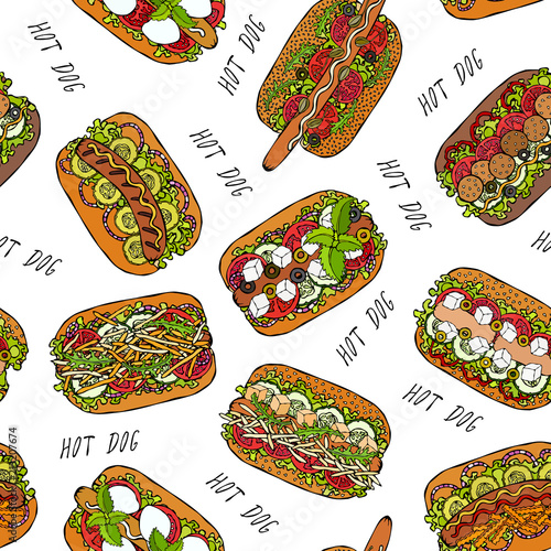 Hot Dog and Lettering Seamless Endless Pattern. Many Ingredients. Restaurant or Cafe Menu Background. Street Fast Food Collection. Realistic Hand Drawn High Quality Vector Illustration. Doodle Style.