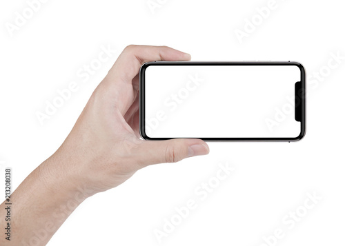 hand holding horizontal the black smartphone with white screen with clipping path