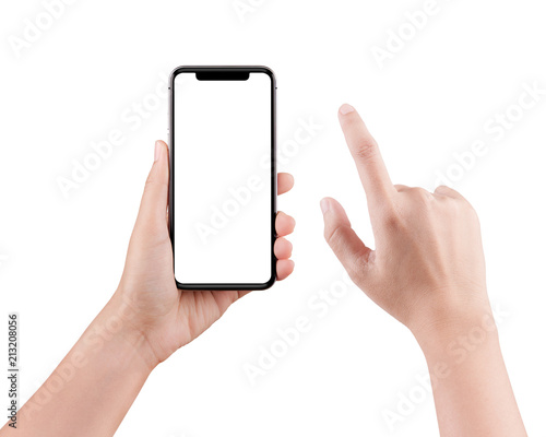 Isolated female hand holding a cellphone with clipping path, Woman typing on mobile phone isolated on white background.