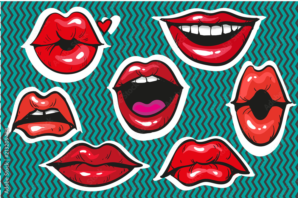 Pop art sexy fashion patch badges or fancy stickers for prints, banners, advertisement moody female lips Pop art sexy fashion patch badges or fancy stickers for prints, banners, advertisement moody female lips