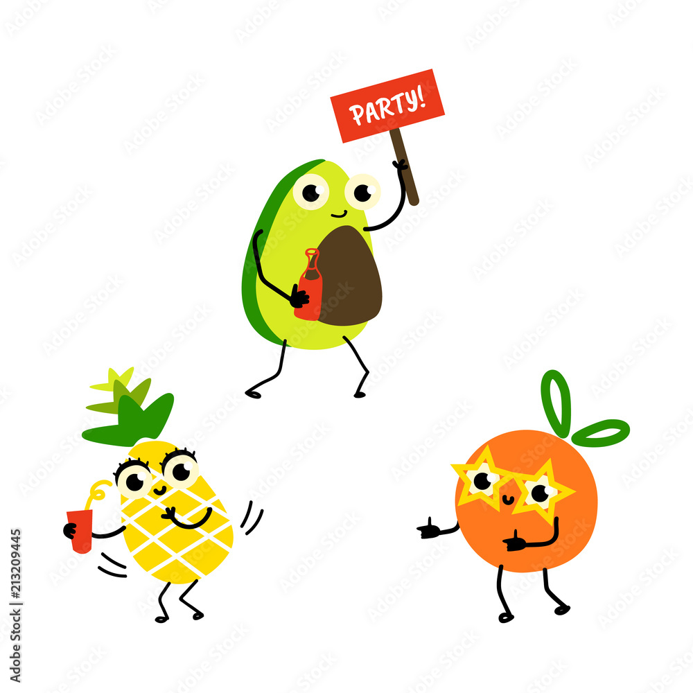 Obraz premium Vector flat fruit characters summer party set. Orange in fancy star glasses dancing, pineapple holding cocktail glass, lime beer. Summer vacation, party poster. Isolated illustration, white background