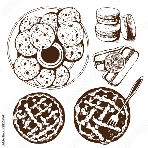 Bakery, sweet pastry vector set, hand drawn vector illustration: cookies, macarons, pies isolated on white background