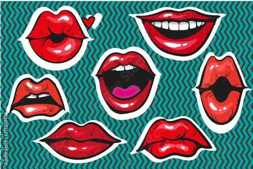 Pop art sexy fashion patch badges or fancy stickers for prints, banners, advertisement moody female lips