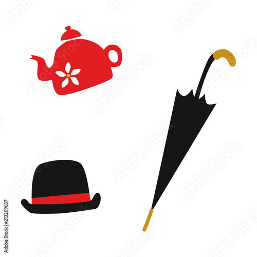 vector flat british gentleman symbols icon set. English tea in ceramit teapot, hat and rain umbrella walking stick. Isolated illustration on a white background. photo