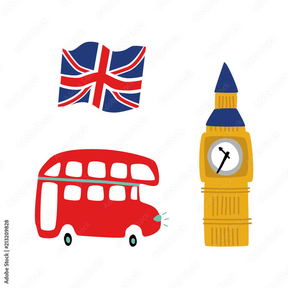 vector flat United kingdom, great britain symbols set. British flag union  jack, double decker bus and Big Ban Tower of London icon. Isolated  illustration on a white background Stock Vector | Adobe