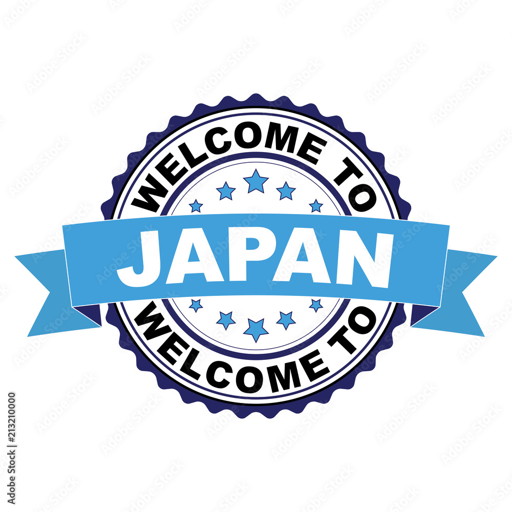 Obraz premium Welcome to Japan blue black rubber stamp illustration vector on white background