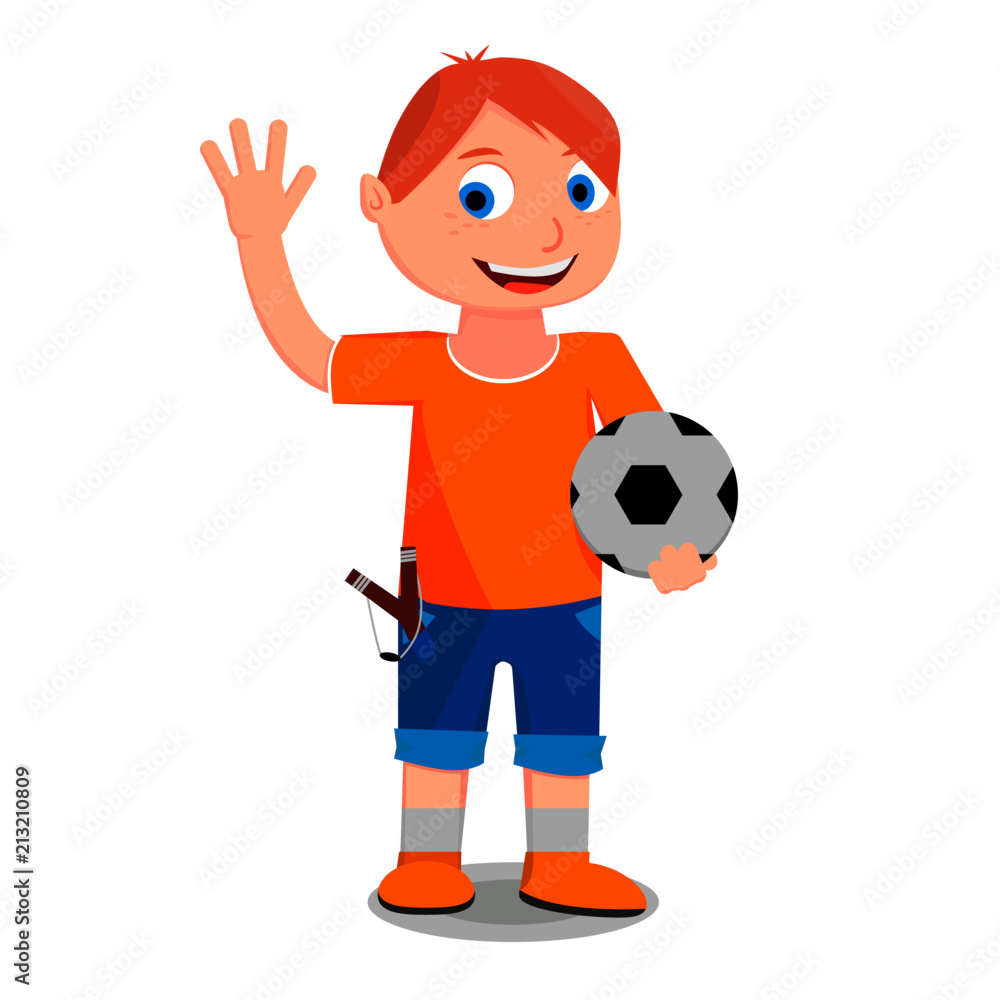A boy with a ball in his hand is calling his friends to play with him in a football. A boy with a ball in his hand is calling his friends to play with him in a football.