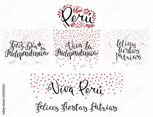 Set of hand written calligraphic Spanish lettering quotes for Peru patriotic holidays with stars, confetti, in flag colors. Isolated objects. Vector illustration. Design concept banner, card.