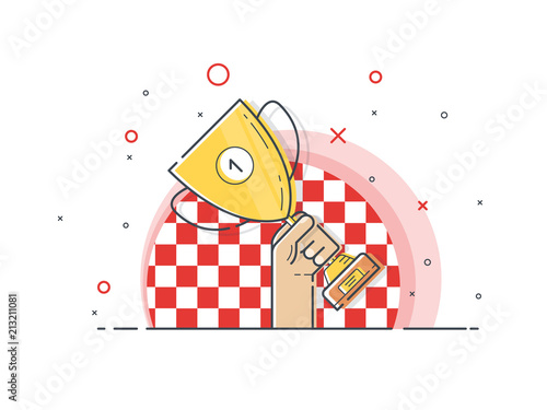 Gold cup for Croatia. Hand holding winner's trophy award. Trendy flat vector on white background. Vector Illustration. 
