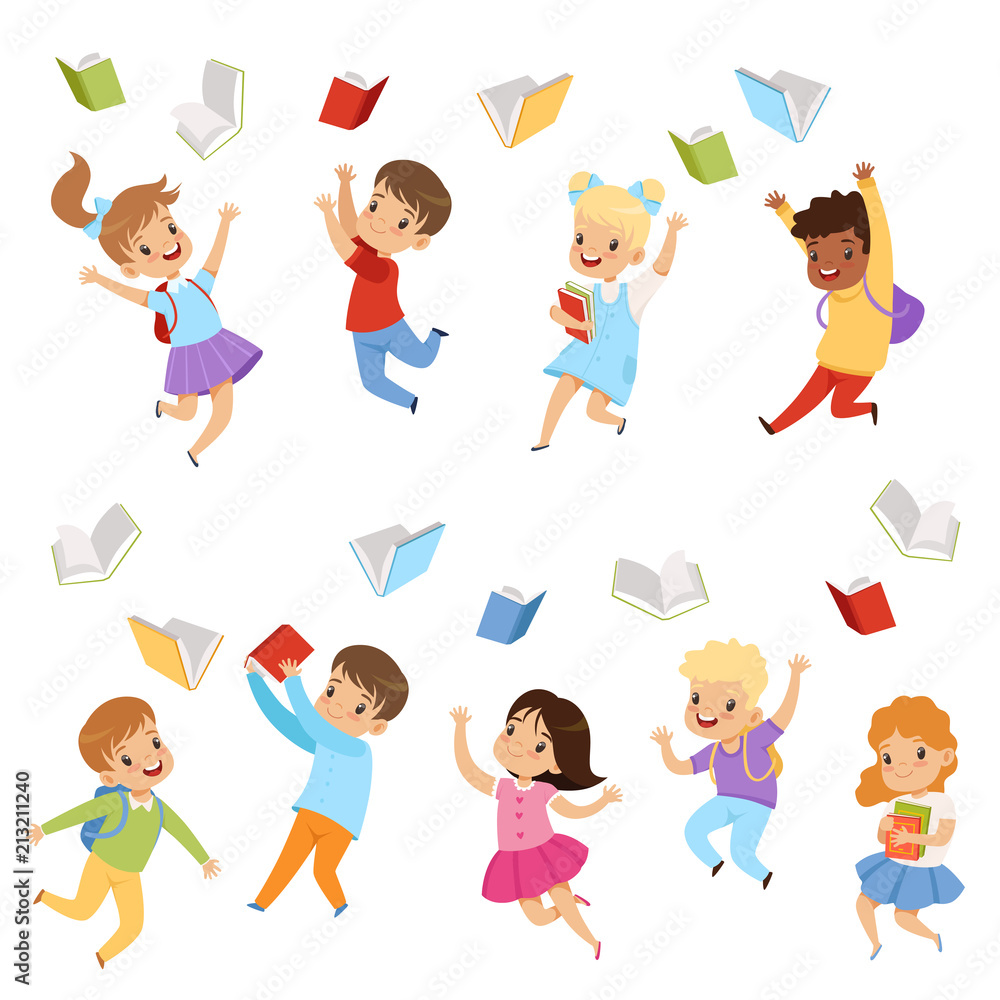 Flat vector set of cute kids throwing books up in the air. Children with happy faces. Pupils of elementary school Flat vector set of cute kids throwing books up in the air. Children with happy faces. Pupils of elementary school