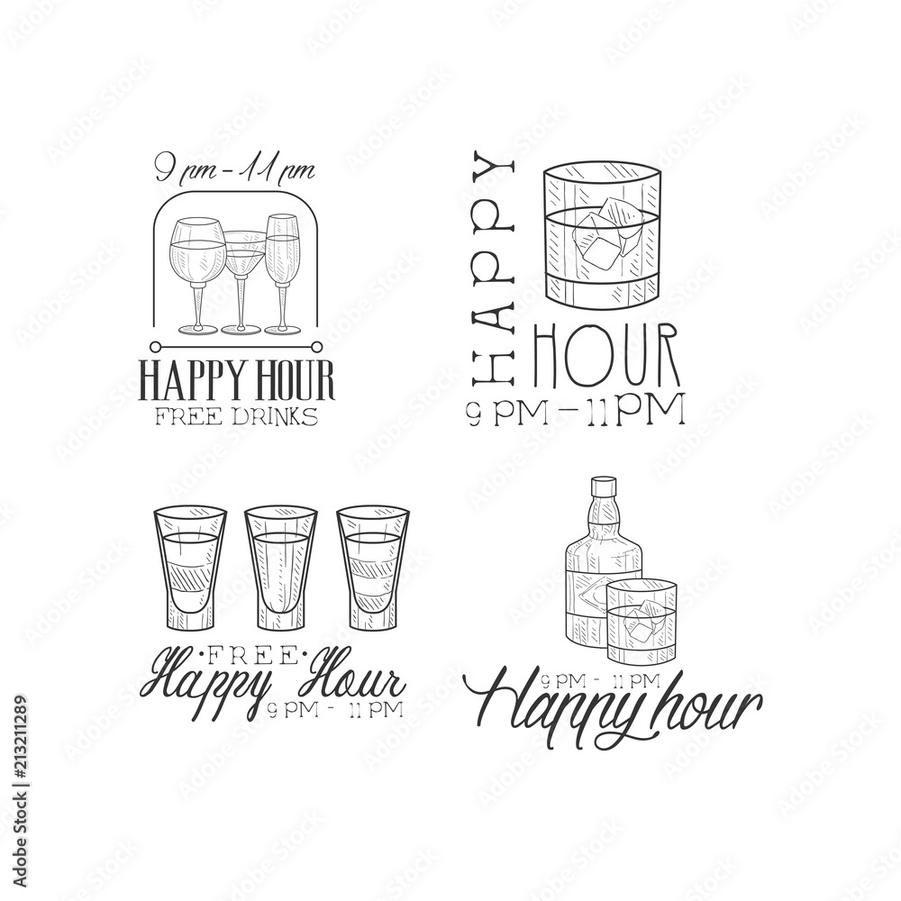 Vector set of 4 promotion signs for cocktail bar. Hand drawn black and ...
