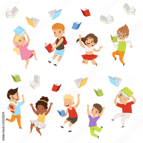 Flat vector set of cartoon children characters jumping and throwing books up in the air. Happy pupils of elementary school