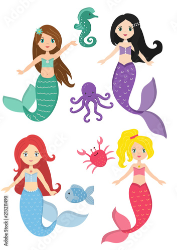 Mermaids princess and aquatic nature, Cute vector seahorse, crab, tropical fish and octopus. Isolated on white background.