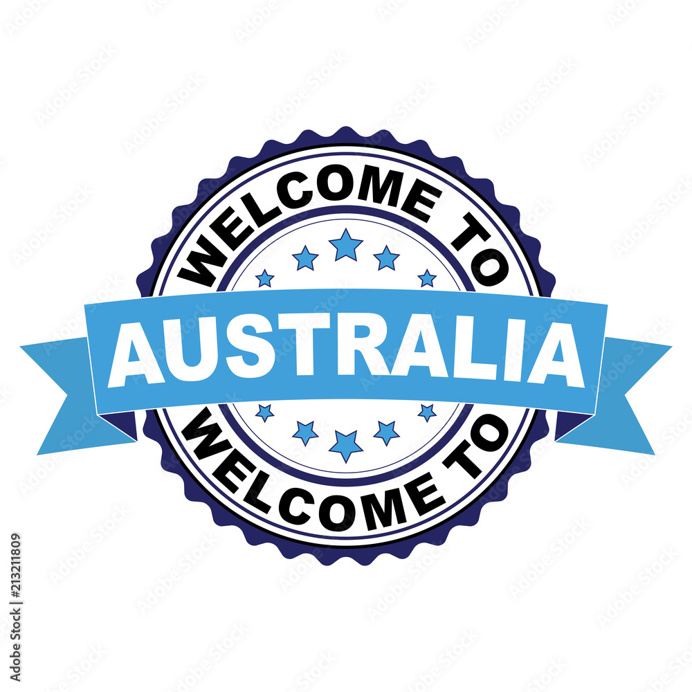 Fototapeta premium Welcome to Australia blue black rubber stamp illustration vector on white background