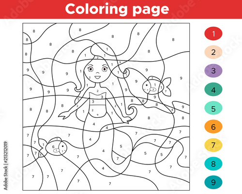 Educational game for kids. Color by numbers. Cartoon mermaid with fishes. Vector illustration