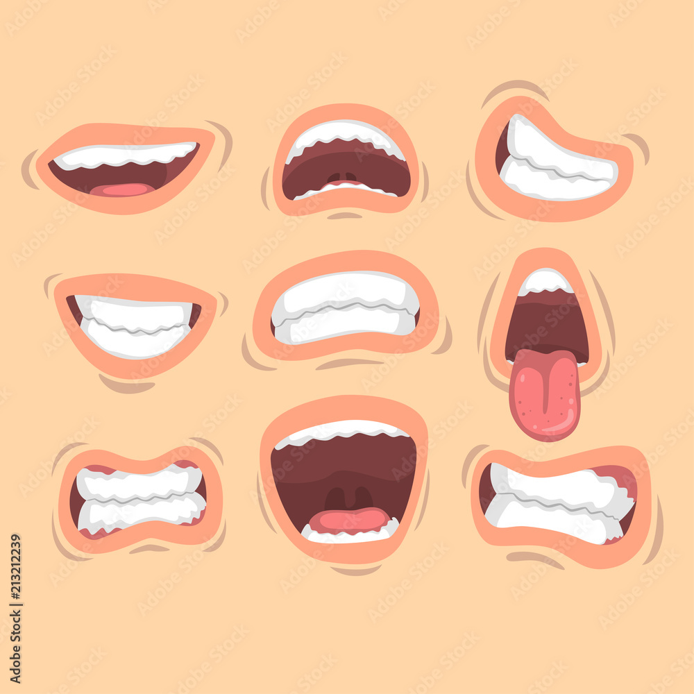Flat vector set of male mouths with different emotions. Smile, sticking out tongue, anger, happiness. Design for mobile app, sticker or print Flat vector set of male mouths with different emotions. Smile, sticking out tongue, anger, happiness. Design for mobile app, sticker or print