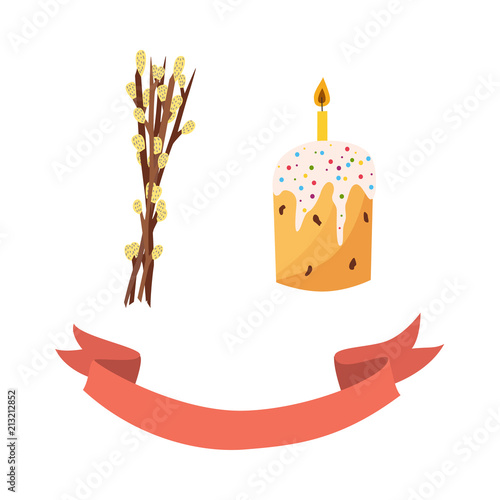 vector flat willow branches, twigs with buds, easter cake with candle, vintage ribbon icon. Easter spring holiday festive decoration element for your design. Isolated illustration white background.