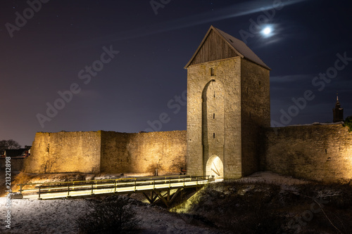 Visby Old Town Walls during winter night