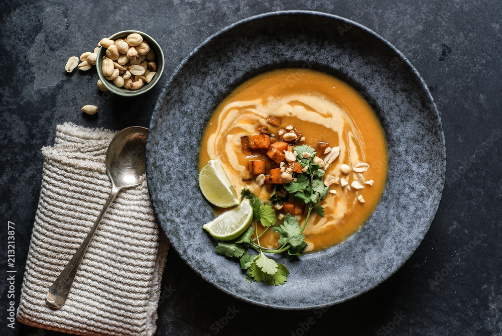 Thai pumpkin soup with limes and peanuts Thai pumpkin soup with limes and peanuts