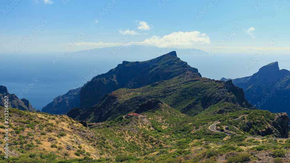 Sight on mountain and La Gomera island from Tenerife, near Masca village.
