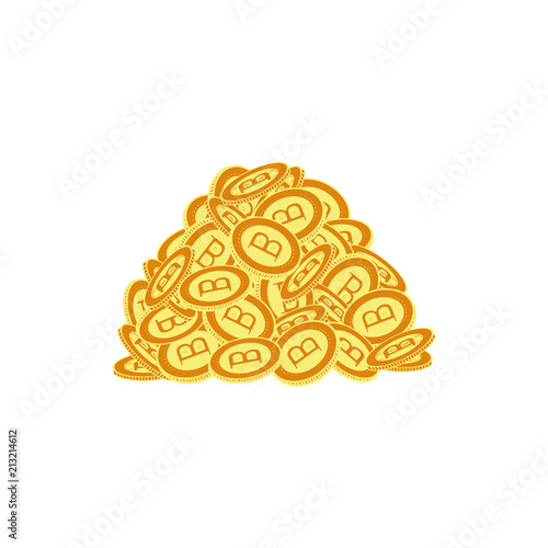 Vector flat bitcoin Golden coins pile heap stack icon set. Mining crypto currency, virtual money elements. Digital economy, blockchain sign. Isolated illustration on a white background.