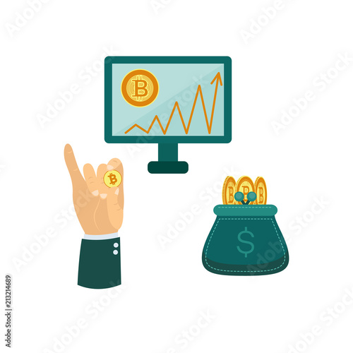 Vector bitcoin symbols set. Illustration on isolated white background golden coin wallet, desktop monitor with chart graphbusinessman hand holding bitcoin. Mining crypto virtual money exchange design
