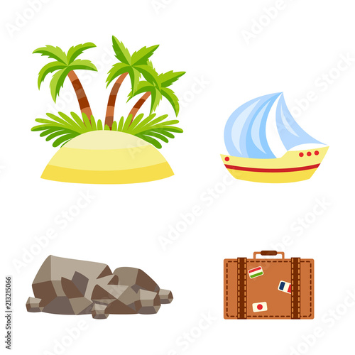 Vector flat travelling, beach vacation symbols icon set. Summer holiday sand island with palm tree plant with coconut, sailing yacht, stone, vintage travel bag. Isolated illustration, white background