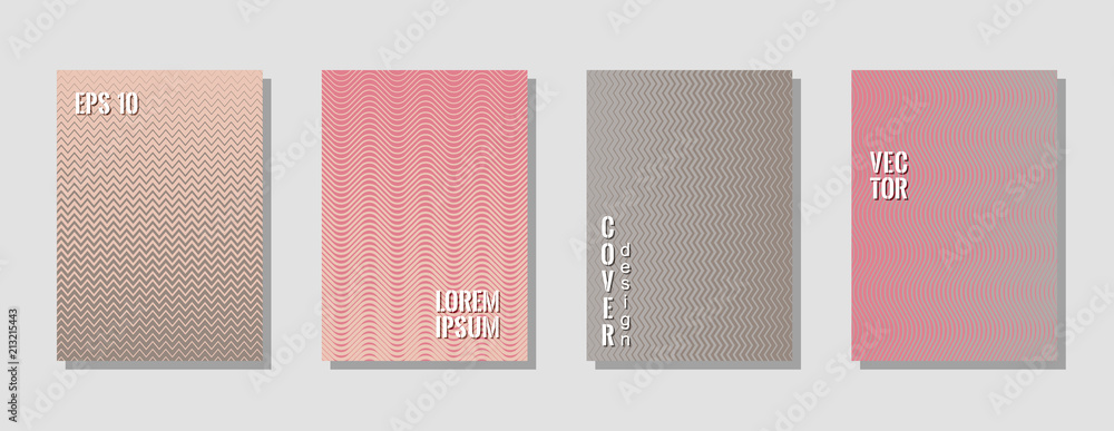 Memphis pink grey zig zag banner templates, wavy lines gradient stripes backgrounds for advertising cover. Curve shapes stripes, zig zag edge lines halftone texture gradient magazine covers set.