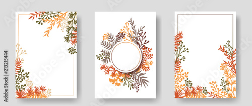 Vector invitation cards with herbal twigs and branches wreath and corners border frames. 