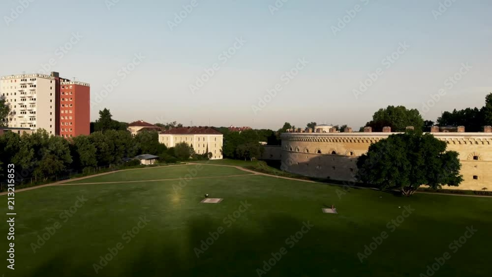 Aerial shot of a park and city on the edge of the Danube River in Germany. Aerial shot of a park and city on the edge of the Danube River in Germany.