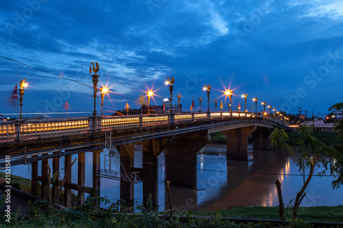 The color of Night traffic light on the road on the bridge (Eka Thot Sa Root Bridge) in Phitsanulok, Thailand.